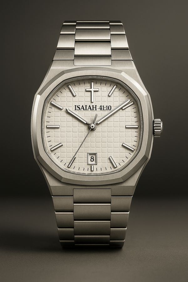 ELAD ISAIAH 41:10 White watch with steel bracelet, white textured dial and small cross