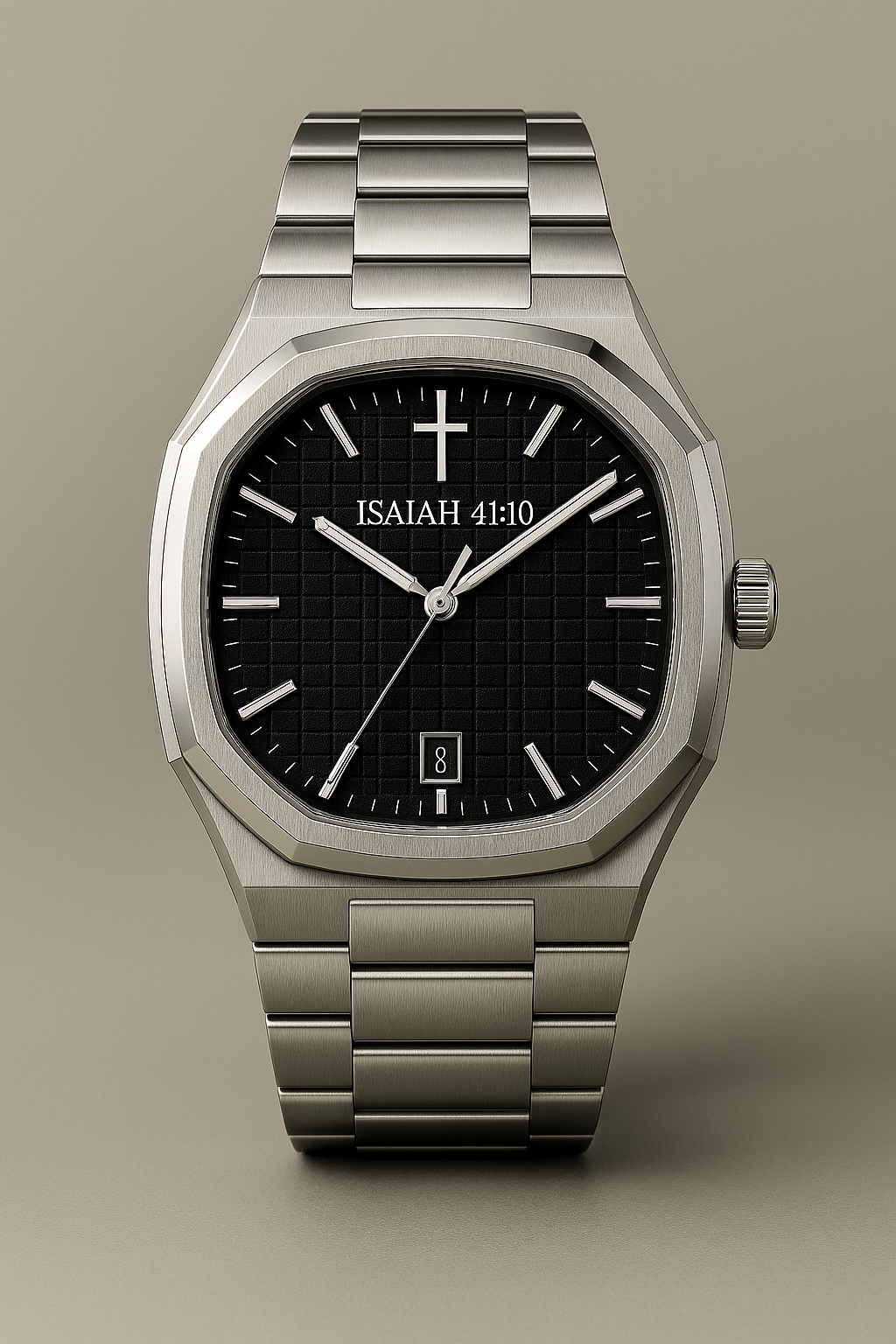 ELAD ISAIAH 41:10 Black watch with steel bracelet, black textured dial and small cross