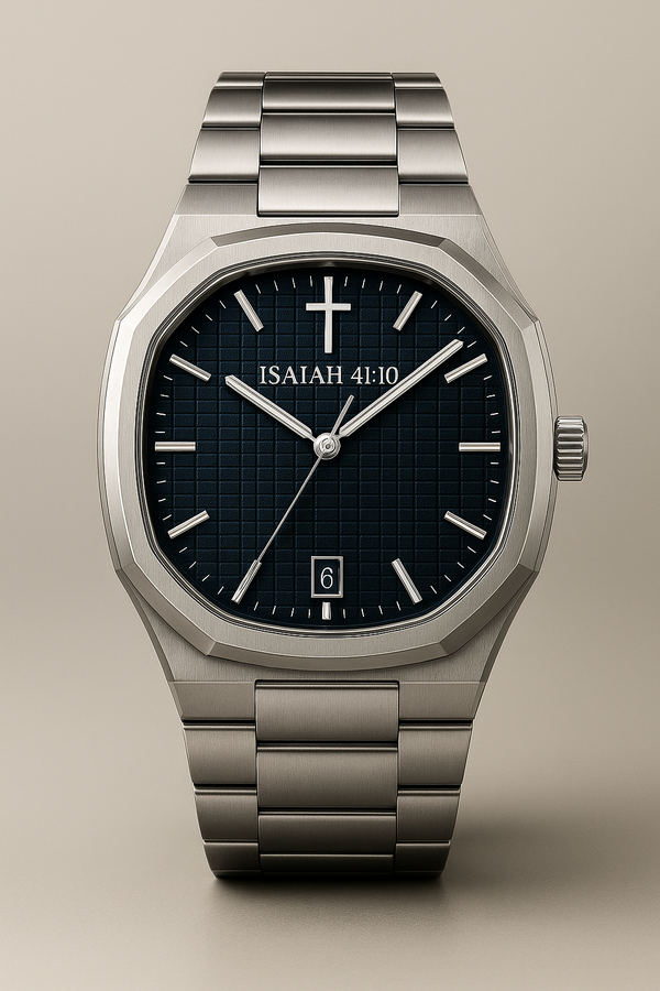 ELAD ISAIAH 41:10 Blue watch with steel bracelet, blue textured dial and small cross