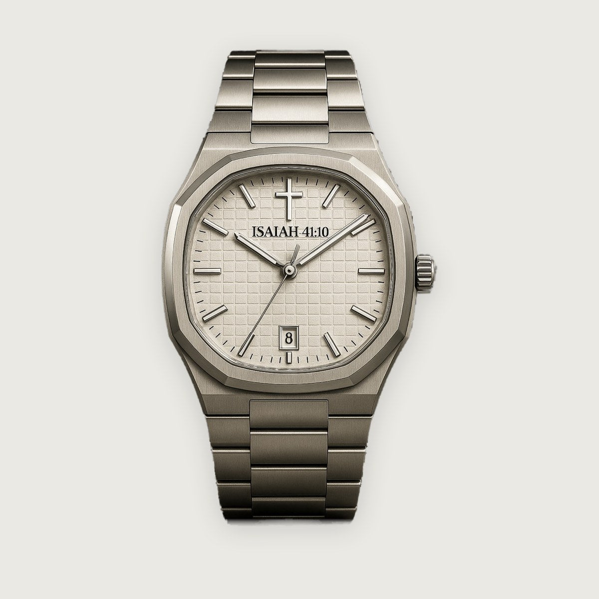 ISAIAH 41:10 white dial render on brand grey