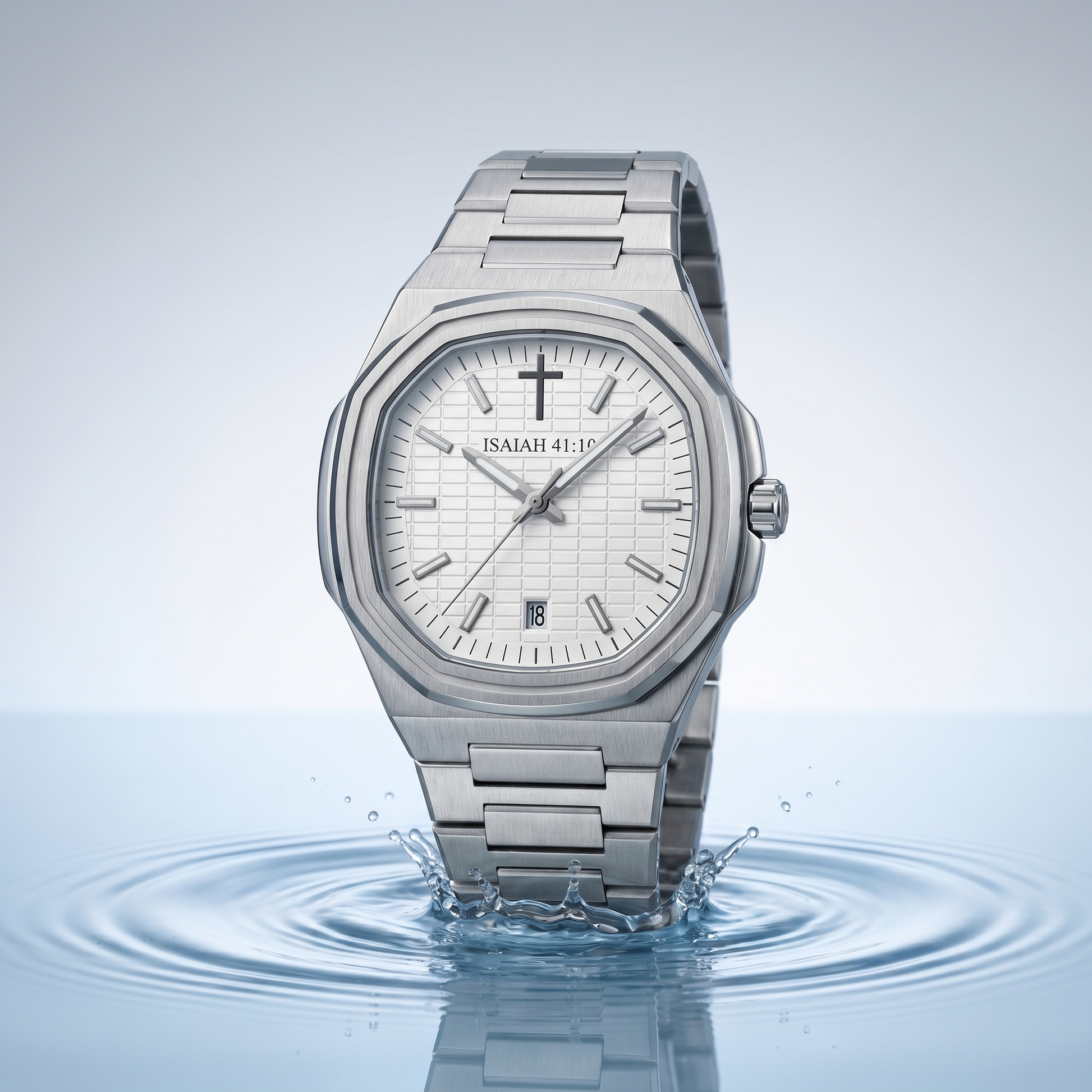 ISAIAH 41:10 watch standing in shallow water, ripples and splashes around bracelet, soft blue gradient