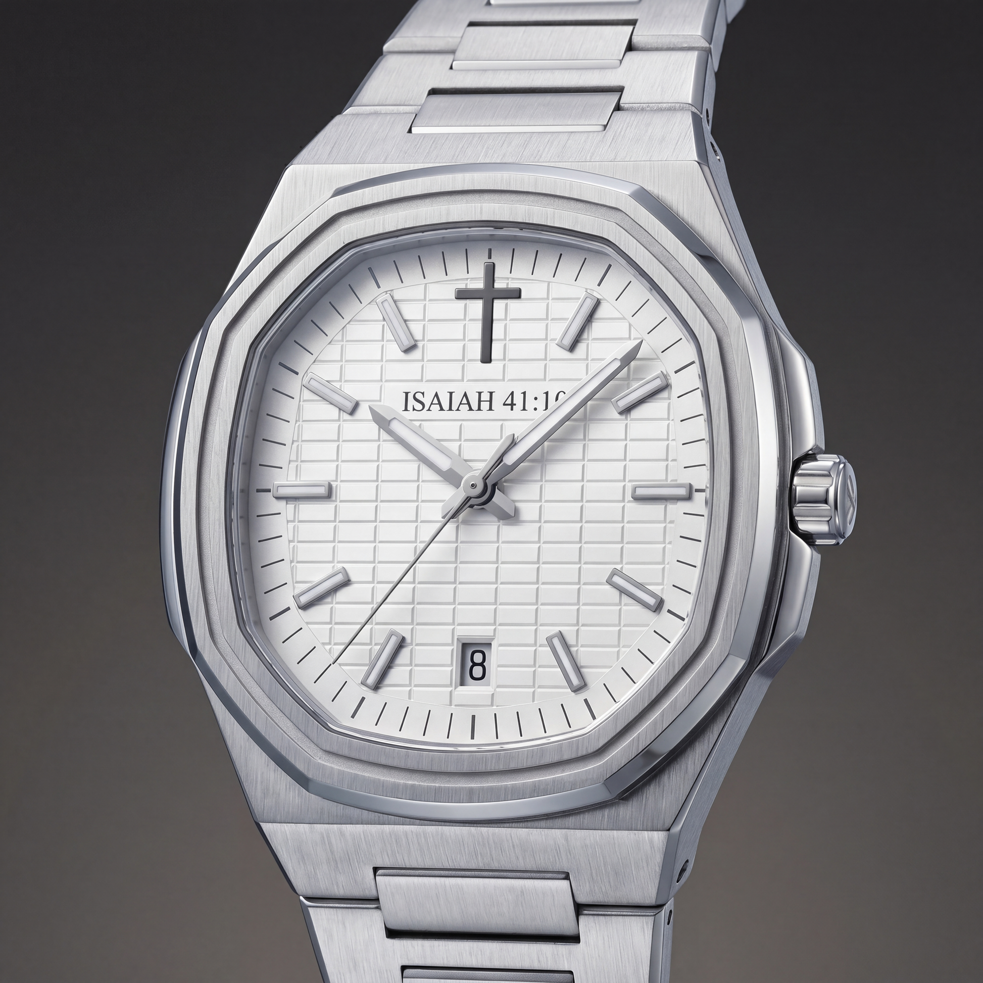 ISAIAH 41:10 White dial — neutral grey backdrop